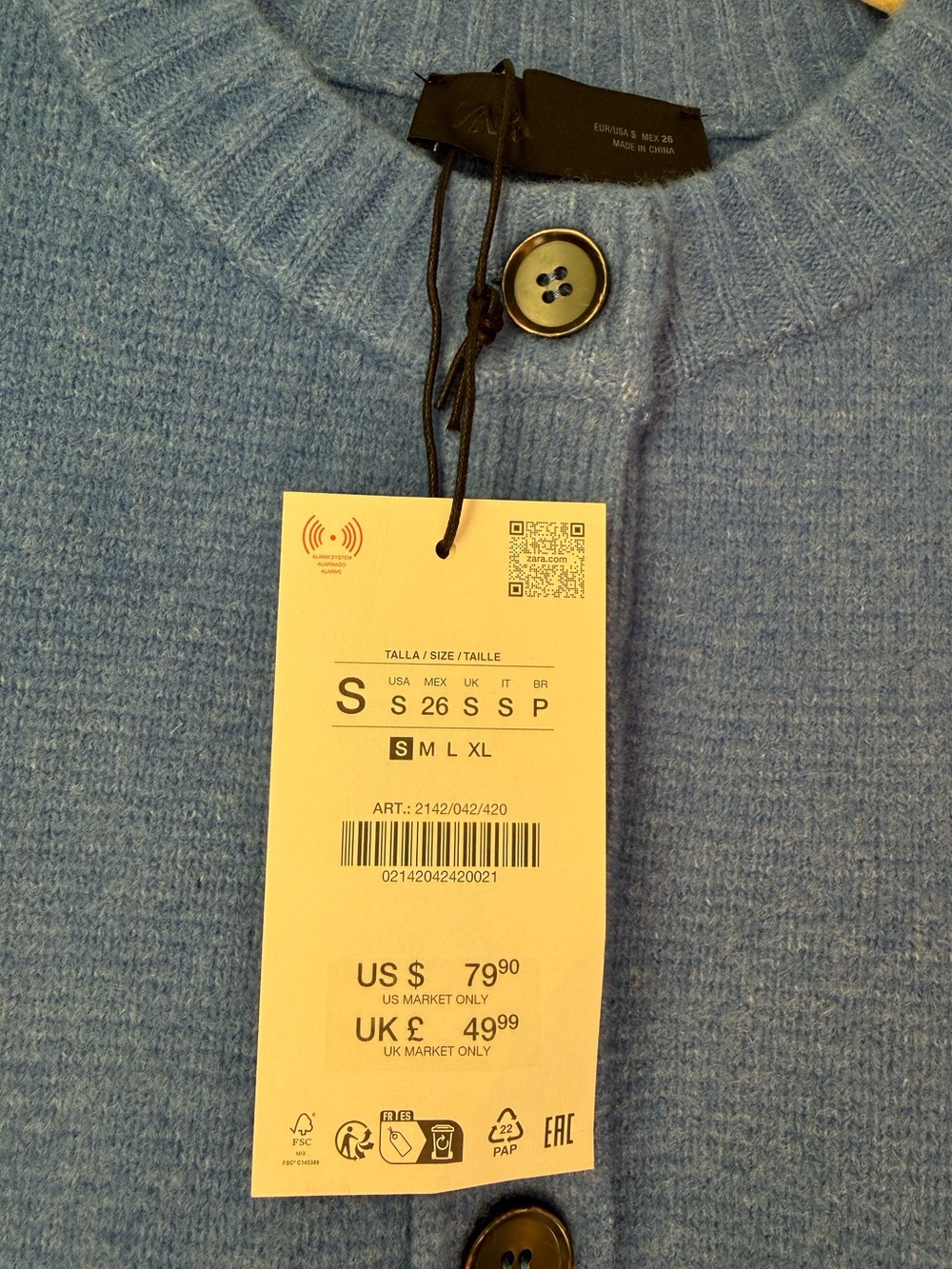 Zara Soft Knit Button Cardigan NWT | Size S | Blue - Picture 7 of 7